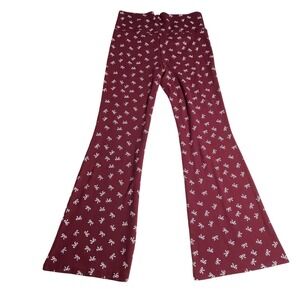 Always You Womens XL Bell Bottom Pants Burgundy White Bow Print Ribbed Flare